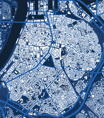 Detailed blue map poster of Antwerp city, linear print map. Skyline urban panorama.