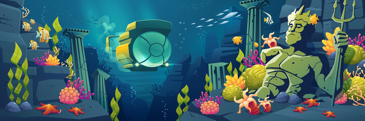 Underwater sea landscape with submarine, fish, corals, marine plants and animals, marble columns and fragment of Neptune statue. Vector cartoon illustration of tropical ocean scene with bathyscaphe - obrazy, fototapety, plakaty