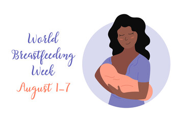 Happy Mothers Day holiday greeting card. Cute smiling african american woman holding newborn baby. Mom and little child. Vector flat illustration for Mothers day