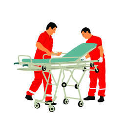 First aid crew prepare hospital stretcher trolley help injured person after accident vector illustration. Paramedics evacuate man. Doctor helping people, body collapse. Health care lifeguard action.