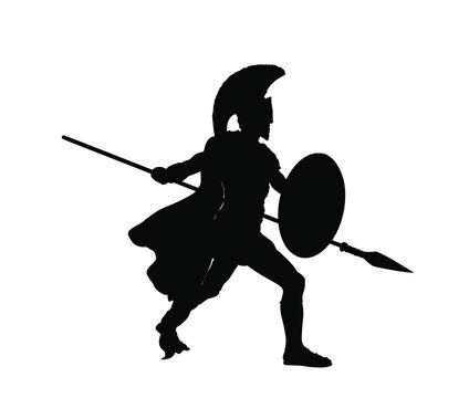 recommend clip art: Greek hero ancient soldier Achilles with spear and shield in battle vector silhouette illustration isolated on white background. Roman legionary, brave warrior in combat. Gladiator symbol shadow.
