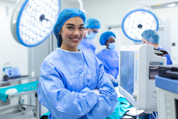 Anesthesiologist keeping track of vital functions of the body during cardiac surgery. Surgeon...