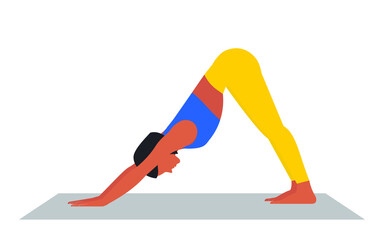 A young beautiful woman in sportswear is doing yoga on a mat in the Downward Facing Dog asana. Taking care of your physical health. Adho Mukha Svanasana. Vector.