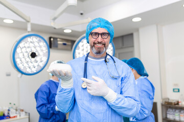 Surgent doctor smiling, holding silicone breast implant. breast implant in surgeon's hands