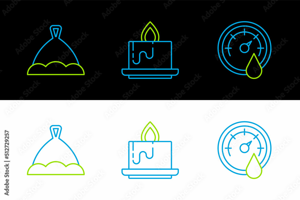 Sticker set line sauna thermometer, hat and aroma candle icon. vector