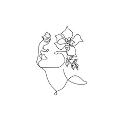 Abstract female silhouette, girl with flower, continuous line drawing, print for clothes and logo design, small tattoo, emblem or logo design, isolated vector illustration.