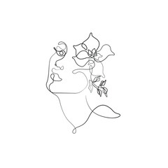 Abstract female silhouette, girl with flower, continuous line drawing, print for clothes and logo design, small tattoo, emblem or logo design, isolated vector illustration.
