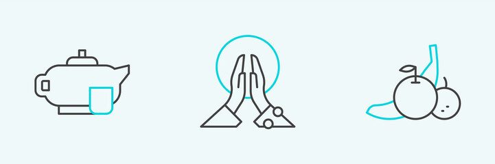 Set line Fruit, Teapot with cup and Meditation icon. Vector