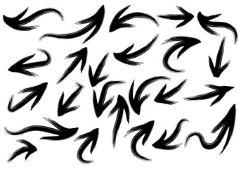 Brushstroke set of black arrows. Vector design elements, different shapes. One-color - black. Isolated black images on white background.