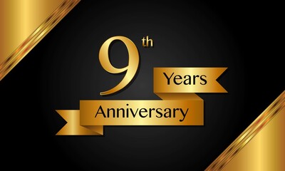 9th anniversary logo with golden ribbon for booklets, leaflets, magazines, brochure posters, banners, web, invitations or greeting cards. Vector illustrations.