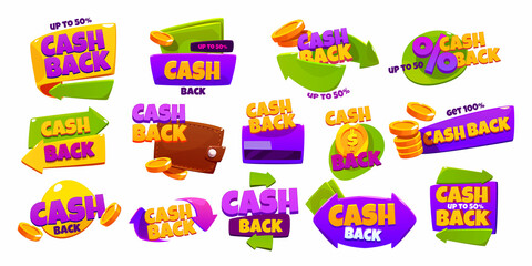 Icons of cash back offers. Concept of refund money after buy. Vector cartoon set of stickers, promotion banners of cashback with gold coins, arrows, wallet and credit card