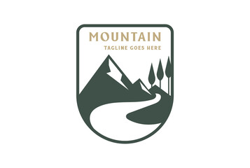 Vintage Mountain Forest with River Creek or Winding Road Street Way Badge Emblem Label Logo Design Vector