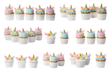 Set of colorful birthday unicorn cupcakes on white background