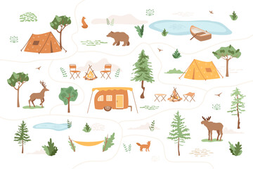 Camping map with path. Tents, van camper, chairs near campfire, lake with boat, wild animals moose, bear, deer, fox. Weekend, vacation on nature in forest. Vector illustration with trees, grass, birds