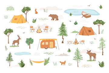Camping map. Tents, van camper in forest. Chairs near campfire, lake with boat, wild animals moose, bear, deer, fox walking. Weekend, vacation on nature. Vector illustration with trees, grass, birds.