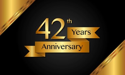 42th anniversary logo with golden ribbon for booklets, leaflets, magazines, brochure posters, banners, web, invitations or greeting cards. Vector illustrations.