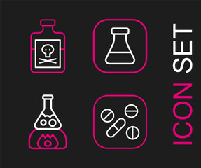 Set line Medicine pill or tablet, Test tube flask on fire, and and Poison bottle icon. Vector