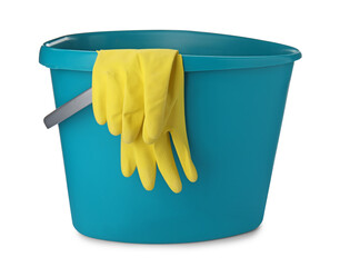 Light blue bucket with gloves for cleaning isolated on white - obrazy, fototapety, plakaty