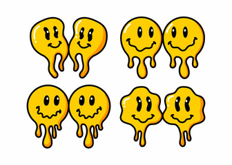 Melting smile vintage illustration. Retro psychedelic melt smile face logo. Dripping smile. Good mood. Positive emoji sticker. Vector groovy emoji face. Face symbol.