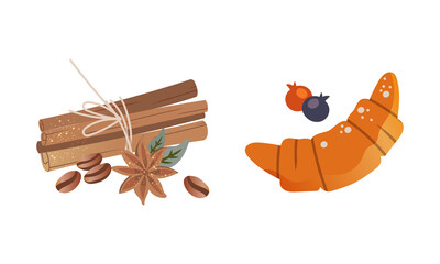 Rolled sticks of cinnamon, sromatic spice and croissant vector illustration