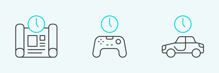 Set line Time to travel, Project time plan and Gamepad of icon. Vector