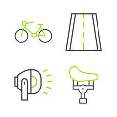 Set line Bicycle seat, head lamp, lane and icon. Vector