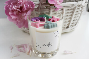 gift concept. aroma candle in a glass of natural soy wax.