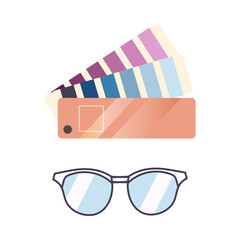 Fototapeta premium Color guide palette, sample swatch book guide and glasses vector illustration