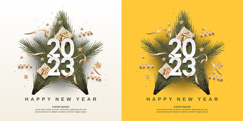 Happy new year 2023 on star pine decoration background