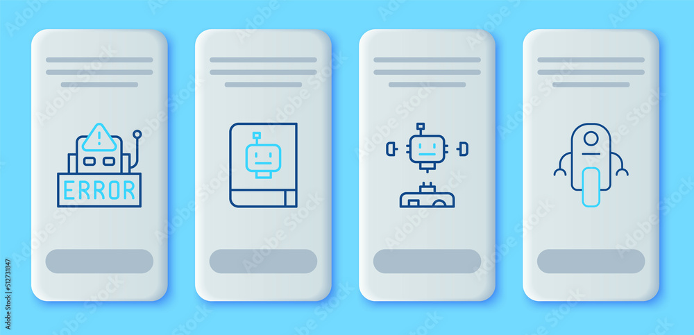 Poster set line user manual, disassembled robot, error in and robot icon. vector