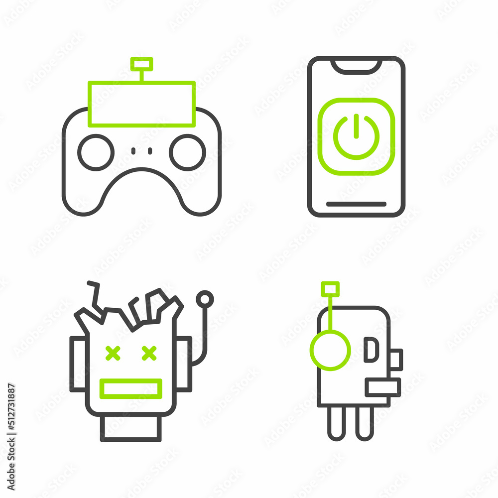 Poster set line robot, broken robot, turn off from phone and remote control icon. vector
