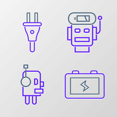 Set line Battery, Robot, low battery charge and Electric plug icon. Vector