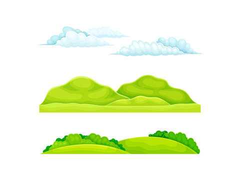 Green meadow landscape set. Summer or spring fields, lawn hills and clouds cartoon vector illustration