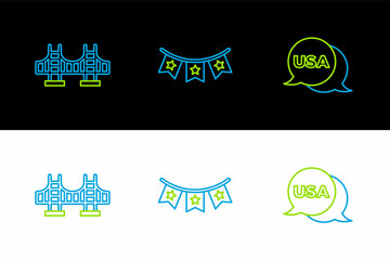 Set line USA Independence day, Golden gate bridge and Carnival garland with flags icon. Vector