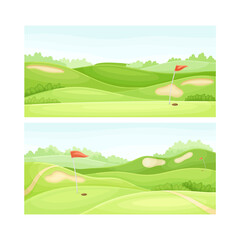Golf course with green lawn, sand bunker and red flags vector illustration