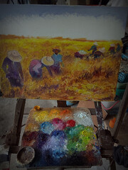   Art painting Oil color Harvest Rice , Countryside in the provinces Thailand 
