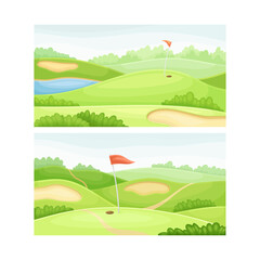 Fototapeta premium Golf course with green lawn, pond and red flags at sunny day vector illustration