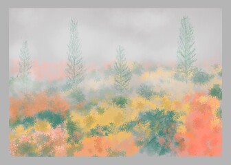 Foggy autumn forest landscape with trees and colourful leaves
