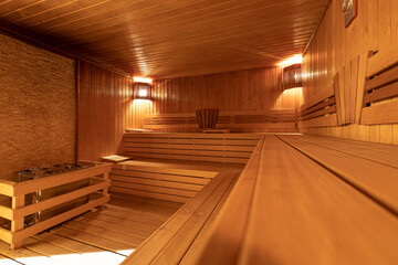 Interior of Finnish sauna. Wooden sauna cabin