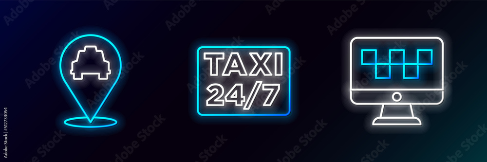 Aufkleber set line computer call taxi service, location with and icon. glowing neon. vector