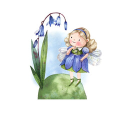 Watercolor floral illustration with bluebell flowers and garden fairy. Cute fairy in a blue dress in the meadow. Cute baby illustration isolated on white background.