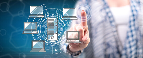 Woman touching a hosting concept