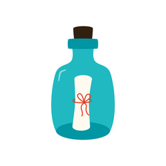 Vector illustration of bottle with note on white background.