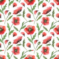 Watercolor floral pattern with red poppies on a white background. Seamless floral background for fabrics, textiles, paper, wallpapers, etc.