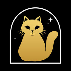 Golden mystic cat magic with stars boho tattoo icon vector design.