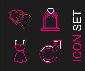 Set line Male gender symbol, Woman dress, Wedding arch and Two Linked Hearts icon. Vector