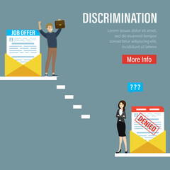Discrimination, concept. Successful man with job offer at top of career ladder. Unhappy businesswoman standing below with document of denied. Unemployment, sexism. Gender gap.