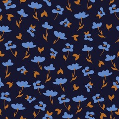 Simple vintage pattern. Blue flowers and golden leaves . dark blue background. Fashionable print for textiles and wallpaper.