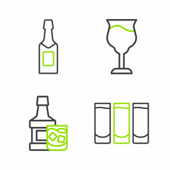 Set line Shot glass, Whiskey bottle and, Wine and Champagne icon. Vector