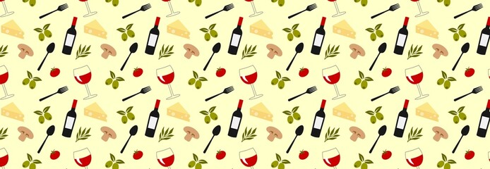 Italian food seamless pattern with elements of food: cheese, wine, olives, mushrooms, basil, tomato.  Vector illustration
